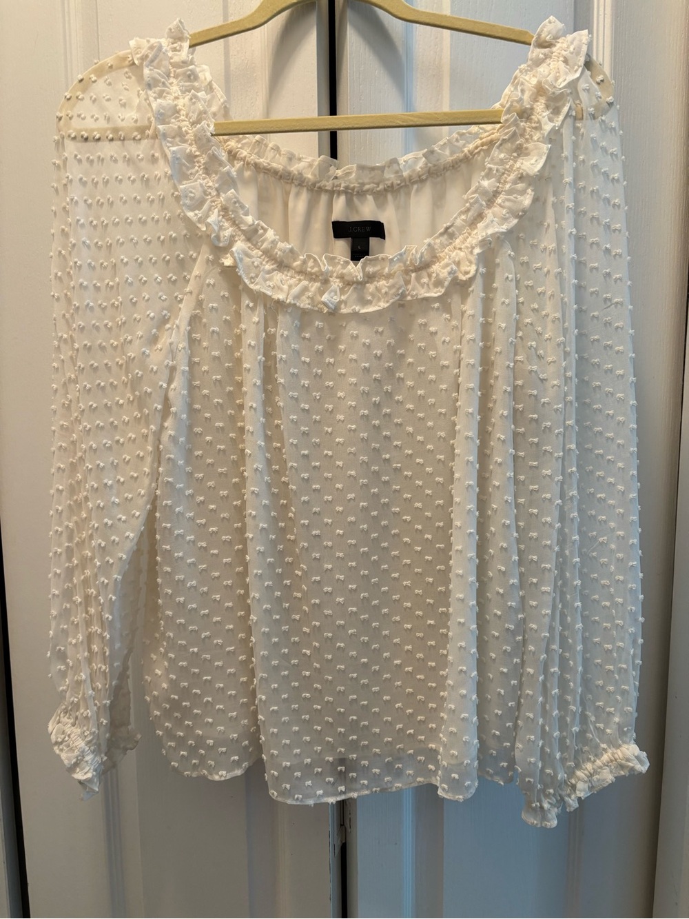 J. Crew White Swiss Dot Ruffle-Neck Blouse